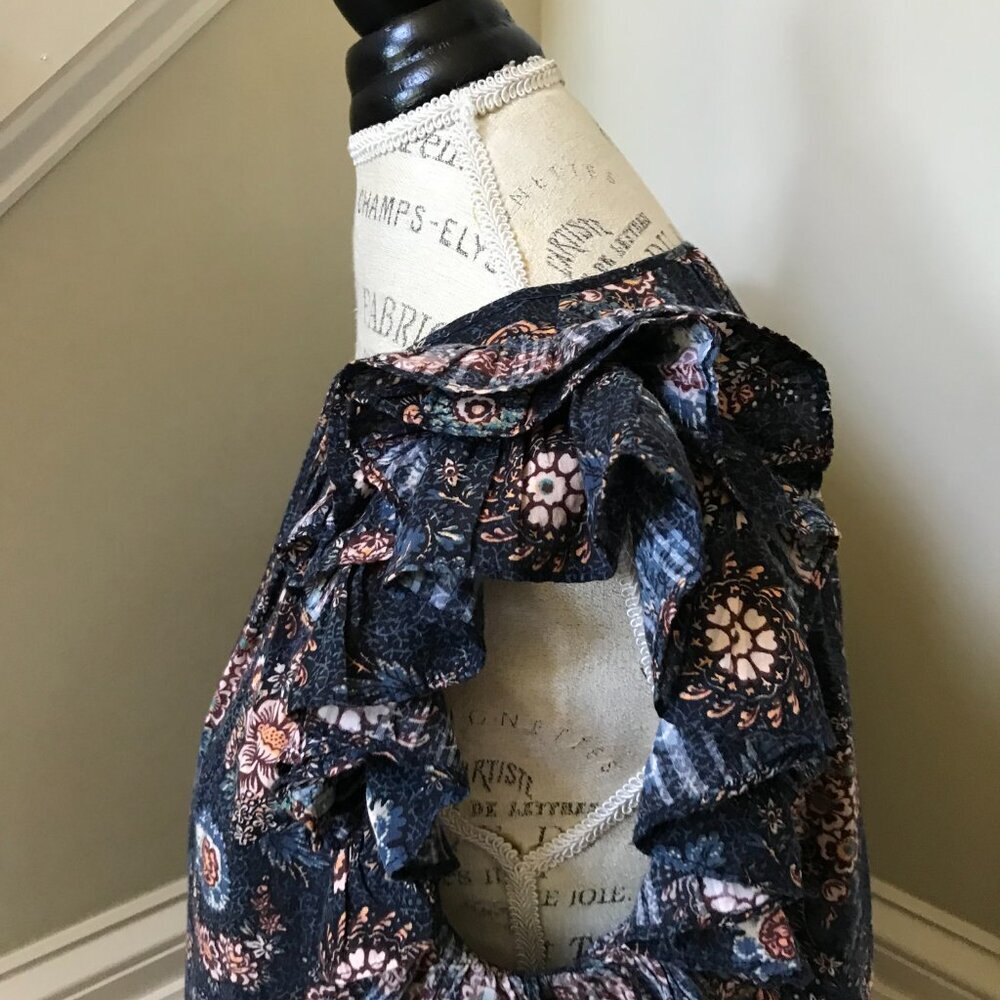 Ulla Johnson Elisa Top Shirt Blouse Womens 10 Navy Blue Flutter Sleeve Floral - Picture 10 of 12